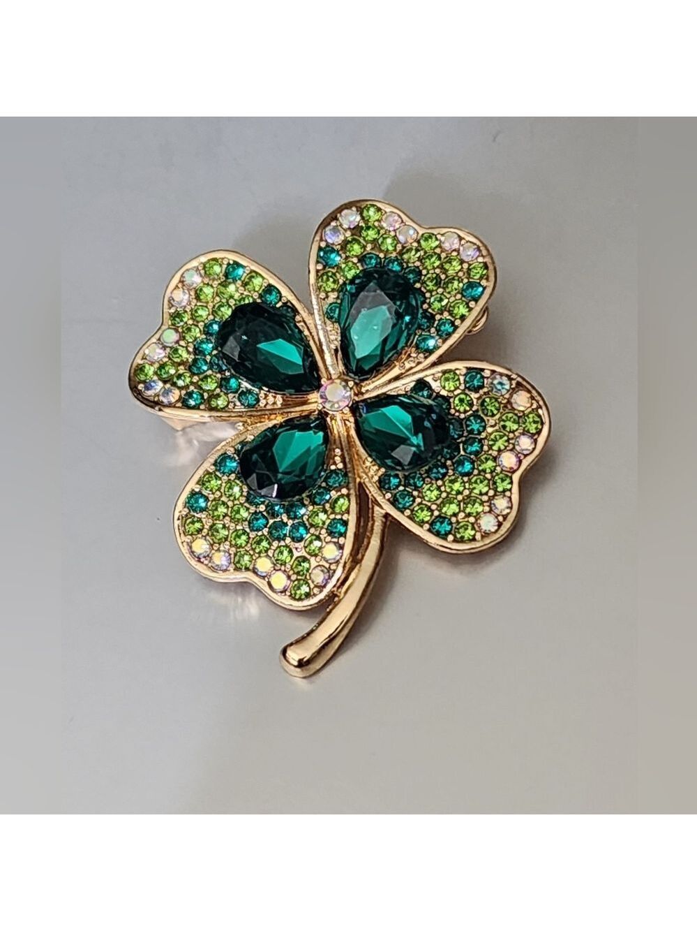 FOUR LEAF Clover Brooch FULL of simulated Emeralds & irridescent gems